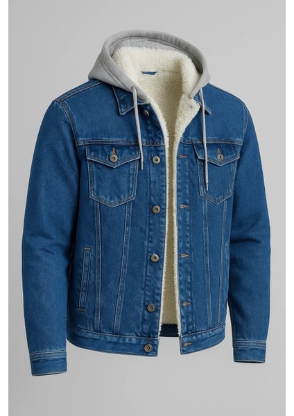 Erkek Kürklü Oversize Mavi Kapşonlu Kot Mont fırsatları