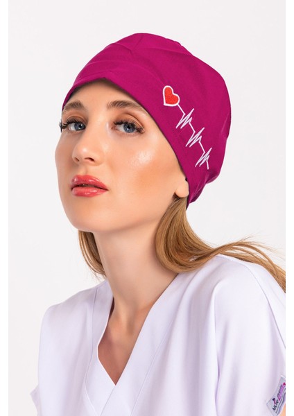 Unisex Koyu Pembe Kalp Ritim Nakışlı Doktor Hemşire Hastane Medikal Cerrahi Bonesi