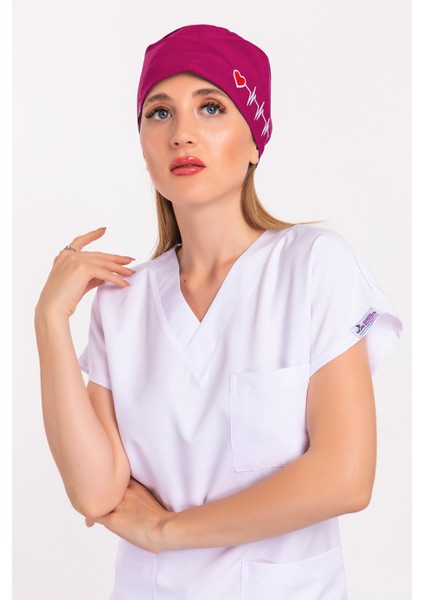 Unisex Koyu Pembe Kalp Ritim Nakışlı Doktor Hemşire Hastane Medikal Cerrahi Bonesi modelleri