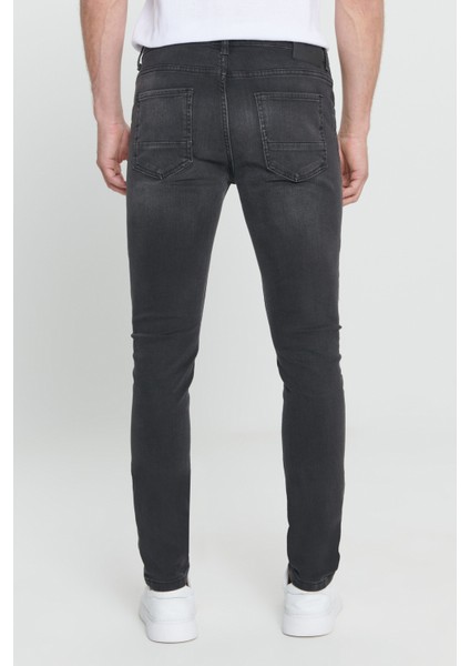Erkek Antrasit Ekstra Slim Fit Dar Kesim Rıss Pamuklu Esnek Denim Jean Kot Pantolon