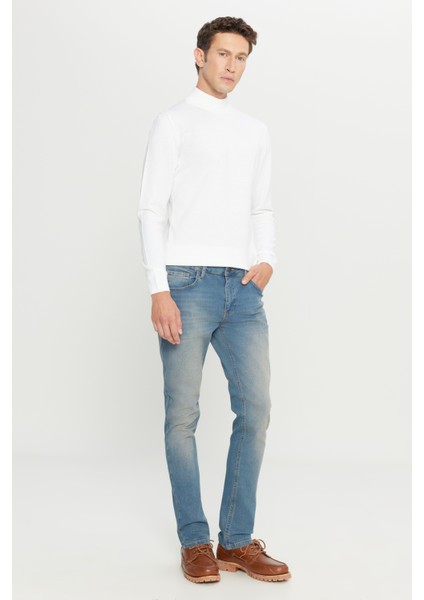 Erkek Petrol Mavisi Ekstra Slim Fit Dar Kesim Pamuklu Esnek Rıss Jean Kot Denim Pantolon