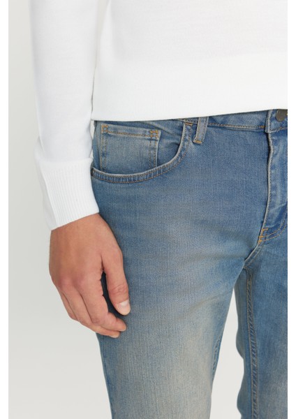 Erkek Petrol Mavisi Ekstra Slim Fit Dar Kesim Pamuklu Esnek Rıss Jean Kot Denim Pantolon