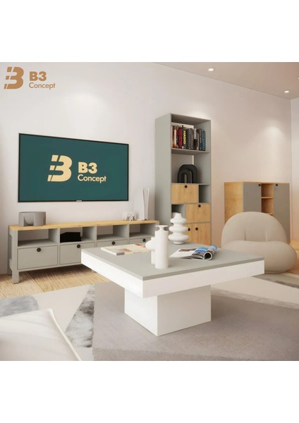 Nort Iı Serisi Modern Dekoratif Kare Salon Orta Sehpa Gri& Beyaz