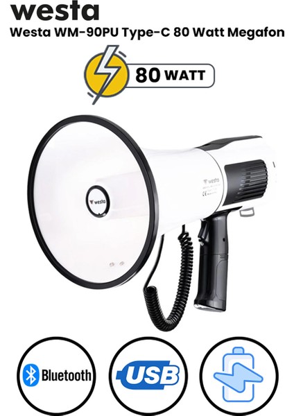 WM-90PU Usb'li Sirenli Şarjlı Bluetooth Sd Card Megafon 80 Watt