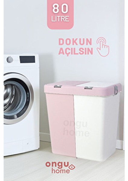 İkili Kirli Sepeti Dokunmatik Pembe Çamaşır Sepeti - 80 lt