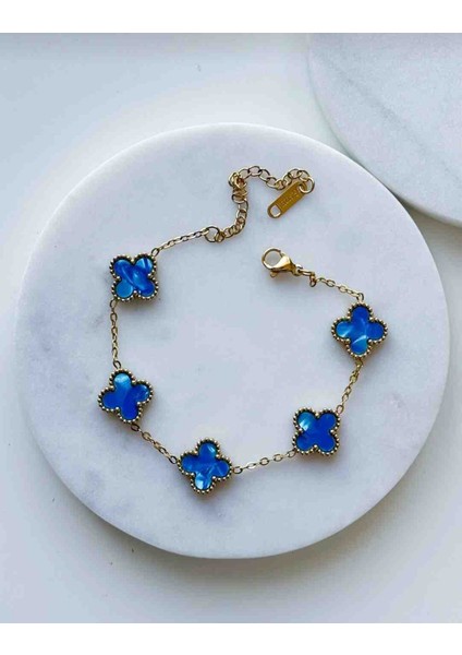 Gold Parlak Mavi Hologram Yansımalı Çoklu Yonca Bileklik