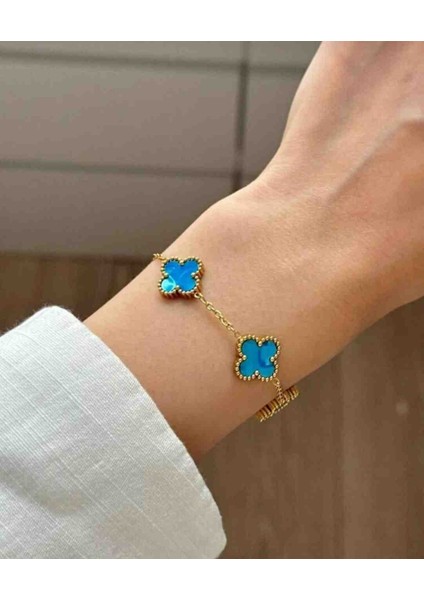 Gold Parlak Mavi Hologram Yansımalı Çoklu Yonca Bileklik fiyatları