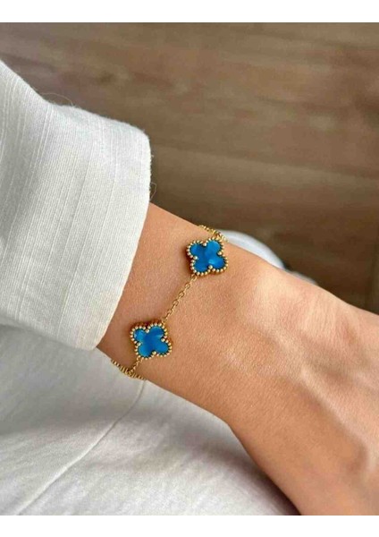 Gold Parlak Mavi Hologram Yansımalı Çoklu Yonca Bileklik modelleri