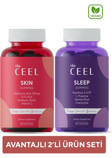 2’li Paket Vegan Çiğnenebilir Gummy Vitamin Cilt ve Uyku Desteği İçin