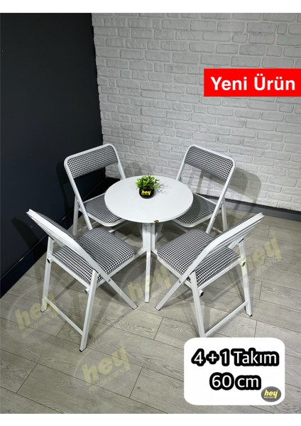 Mercan 4 Kişilik Yuvarlak Mutfak Yemek Masası Takımı 4+1 Beyaz Kazayağı Kumaş 60 cm