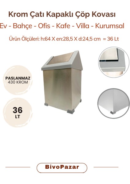 Krom Sallanır Çatı Kapaklı Çöp Kovası 36 Lt indirimleri