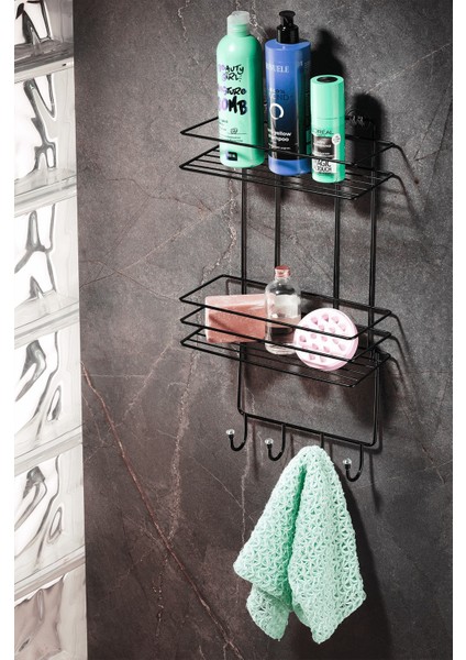 2 Katlı Siyah Kancalı Banyo Duş Rafı, Şampuanlık, Lif/kese Askılı, Paslanmaz Metal, Banyo Düzenleyici - (Tş-02)