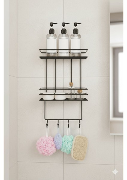 2 Katlı Siyah Kancalı Banyo Duş Rafı, Şampuanlık, Lif/kese Askılı, Paslanmaz Metal, Banyo Düzenleyici - (Tş-02) fiyatları