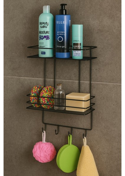 2 Katlı Siyah Kancalı Banyo Duş Rafı, Şampuanlık, Lif/kese Askılı, Paslanmaz Metal, Banyo Düzenleyici - (Tş-02) modelleri