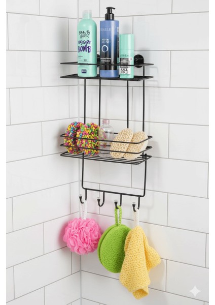 2 Katlı Siyah Kancalı Banyo Duş Rafı, Şampuanlık, Lif/kese Askılı, Paslanmaz Metal, Banyo Düzenleyici - (Tş-02) fırsatları