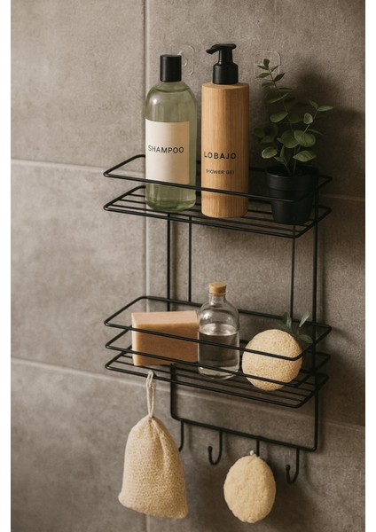 2 Katlı Siyah Kancalı Banyo Duş Rafı, Şampuanlık, Lif/kese Askılı, Paslanmaz Metal, Banyo Düzenleyici - (Tş-02) indirimleri
