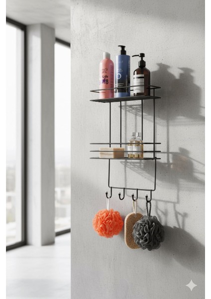 2 Katlı Siyah Kancalı Banyo Duş Rafı, Şampuanlık, Lif/kese Askılı, Paslanmaz Metal, Banyo Düzenleyici - (Tş-02)