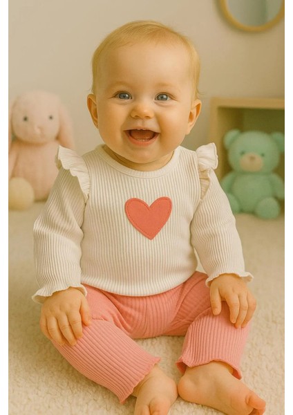Kız Bebek Kalp Desenli 2 Li Mevsimlik Alt Üst Ribana Takım