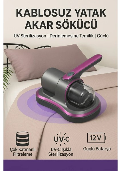 Kablosuz Yatak Akar Sökücü | Uv Sterilizasyonlu, Güçlü Emişli, Sessiz Kullanım – 12V 4500MAH
