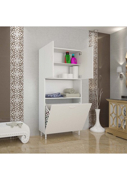 75 x 160 x 32 cm 2 Bölmeli Sepetli Kirli Çamaşır Dolabı Raflı Banyo Dolabı