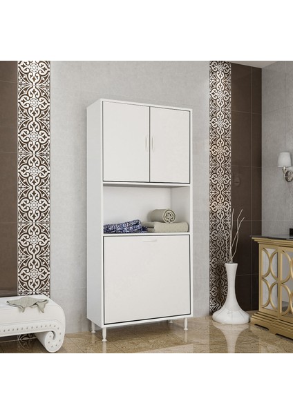 75 x 160 x 32 cm 2 Bölmeli Sepetli Kirli Çamaşır Dolabı Raflı Banyo Dolabı