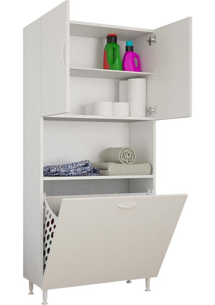 75 x 160 x 32 cm 2 Bölmeli Sepetli Kirli Çamaşır Dolabı Raflı Banyo Dolabı