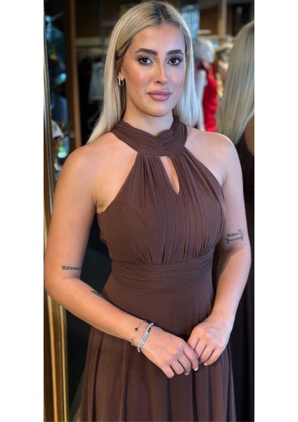 Kahverengi Sırt Dekolteli Kloş Etekli Tül Uzun Abiye Elbise 6034 fiyatları