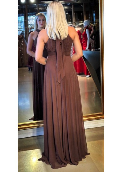 Kahverengi Sırt Dekolteli Kloş Etekli Tül Uzun Abiye Elbise 6034 fırsatları