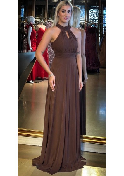 Kahverengi Sırt Dekolteli Kloş Etekli Tül Uzun Abiye Elbise 6034 indirimleri
