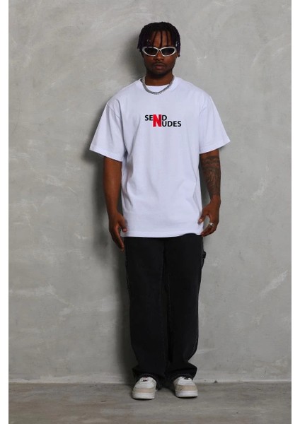 Unisex Bisiklet Yaka Double Oversize Baskılı T-Shirt - Beyaz fiyatları