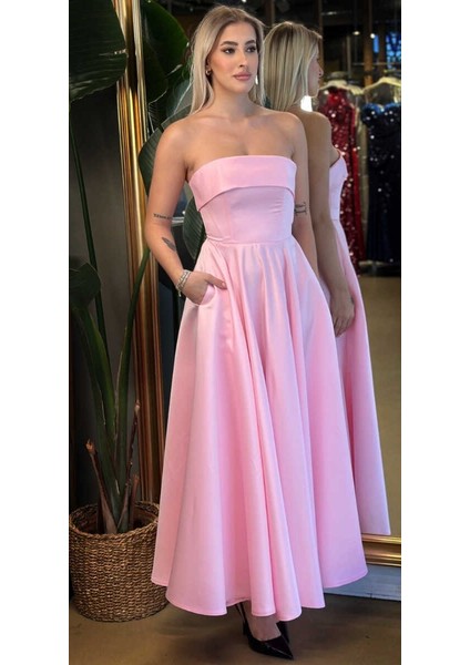 Pembe Straplez Yaka Kloş Etekli Saten Midi Abiye Elbise 7647