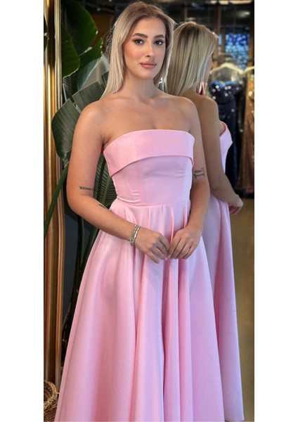 Pembe Straplez Yaka Kloş Etekli Saten Midi Abiye Elbise 7647 fiyatları