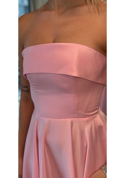 Pembe Straplez Yaka Kloş Etekli Saten Midi Abiye Elbise 7647 fırsatları
