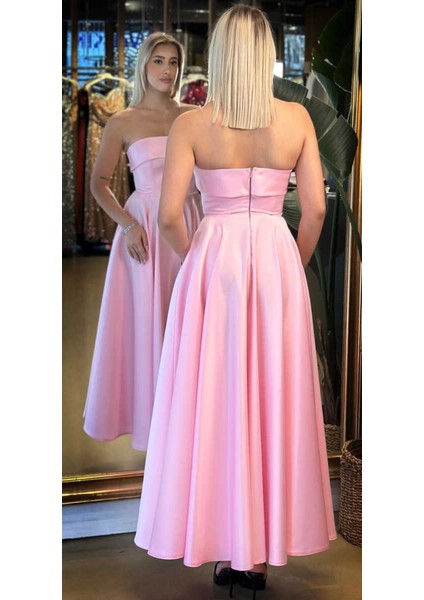 Pembe Straplez Yaka Kloş Etekli Saten Midi Abiye Elbise 7647 indirimleri
