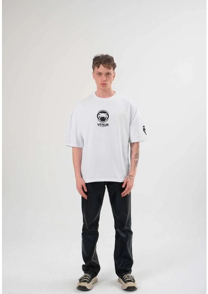 Unisex Bisiklet Yaka Baskılı Oversize T-Shirt - Beyaz fiyatları