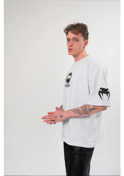 Unisex Bisiklet Yaka Baskılı Oversize T-Shirt - Beyaz fırsatları