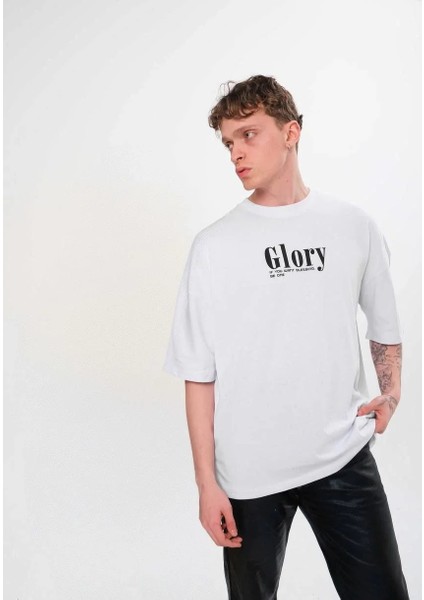 Unisex Bisiklet Yaka Baskılı Oversize T-Shirt - Siyah