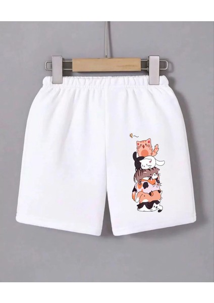 Kadın Beli Lastikli Baskılı Mini Şort - Beyaz