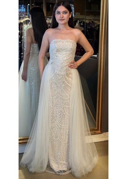 Bej Straplez Yaka Tül Pelerin Etekli Pullu Boncuklu Uzun Abiye Elbise 7705 indirimleri