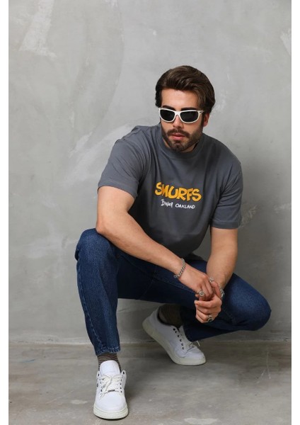 Unisex Basic Bisiklet Yaka Oversize T-Shirt - Füme modelleri