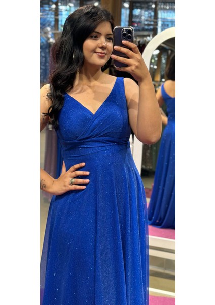 Saks Kalın Askı Kloş Etekli Simli Kumaş Uzun Abiye Elbise 7117 fiyatları