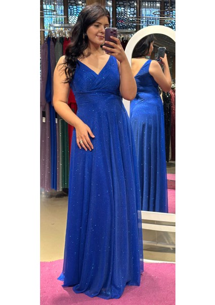 Saks Kalın Askı Kloş Etekli Simli Kumaş Uzun Abiye Elbise 7117 fırsatları