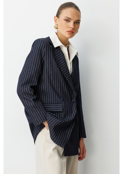 Oversize Lacivert Çizgili Özel Tasarım Kruvaze Ceket fiyatları