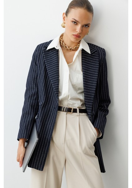 Oversize Lacivert Çizgili Özel Tasarım Kruvaze Ceket indirimleri