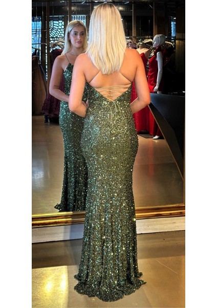 Olive Ip Askılı V Yaka Sırt Dekolteli Balık Etekli Pul Payet Uzun Abiye Elbise 7714 fırsatları