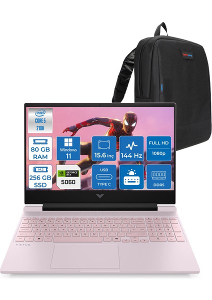 Victus 15-FA2008NT Intel Core 5 210H 80GB Ddr5 256GB SSD RTX5060 Gddr7 8gb Windows 11 Pro 15.6" FHD(1920 x 1080) 144Hz IPS 300NITS Toz Pembe Taşınabilir Bilgisayar BV7V6EAP31 + Zetta Çanta
