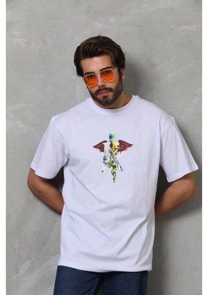 Unisex Bisiklet Yaka Baskılı Oversize T-Shirt - Beyaz