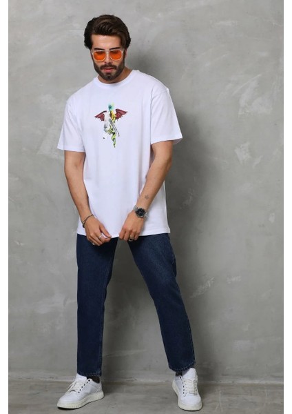 Unisex Bisiklet Yaka Baskılı Oversize T-Shirt - Beyaz fırsatları