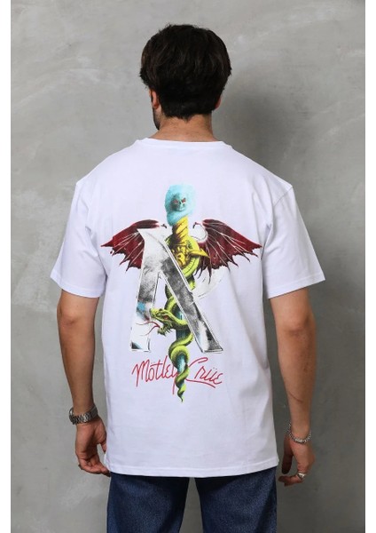 Unisex Bisiklet Yaka Baskılı Oversize T-Shirt - Beyaz indirimleri