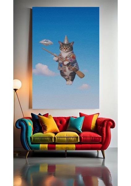 Uçan Süpürgeli Kedi V1 Ev Duvar Salon Güzellik Salonu Ofis Dükkan Dekarasyon Kanvas Tablo